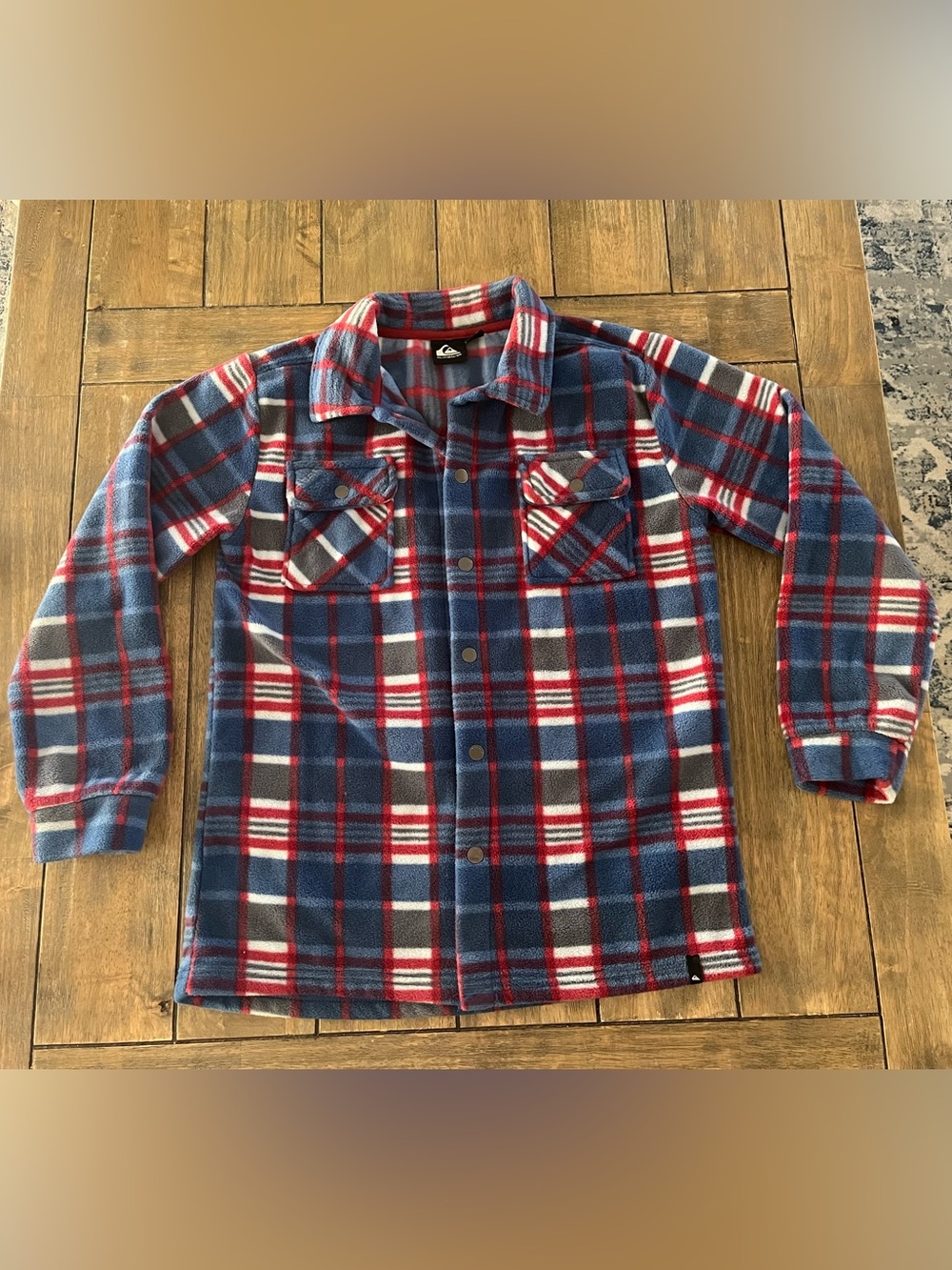 Quiksilver Boys Blue Red White Plaid Fleece Button-Front Shacket size L (14-16)